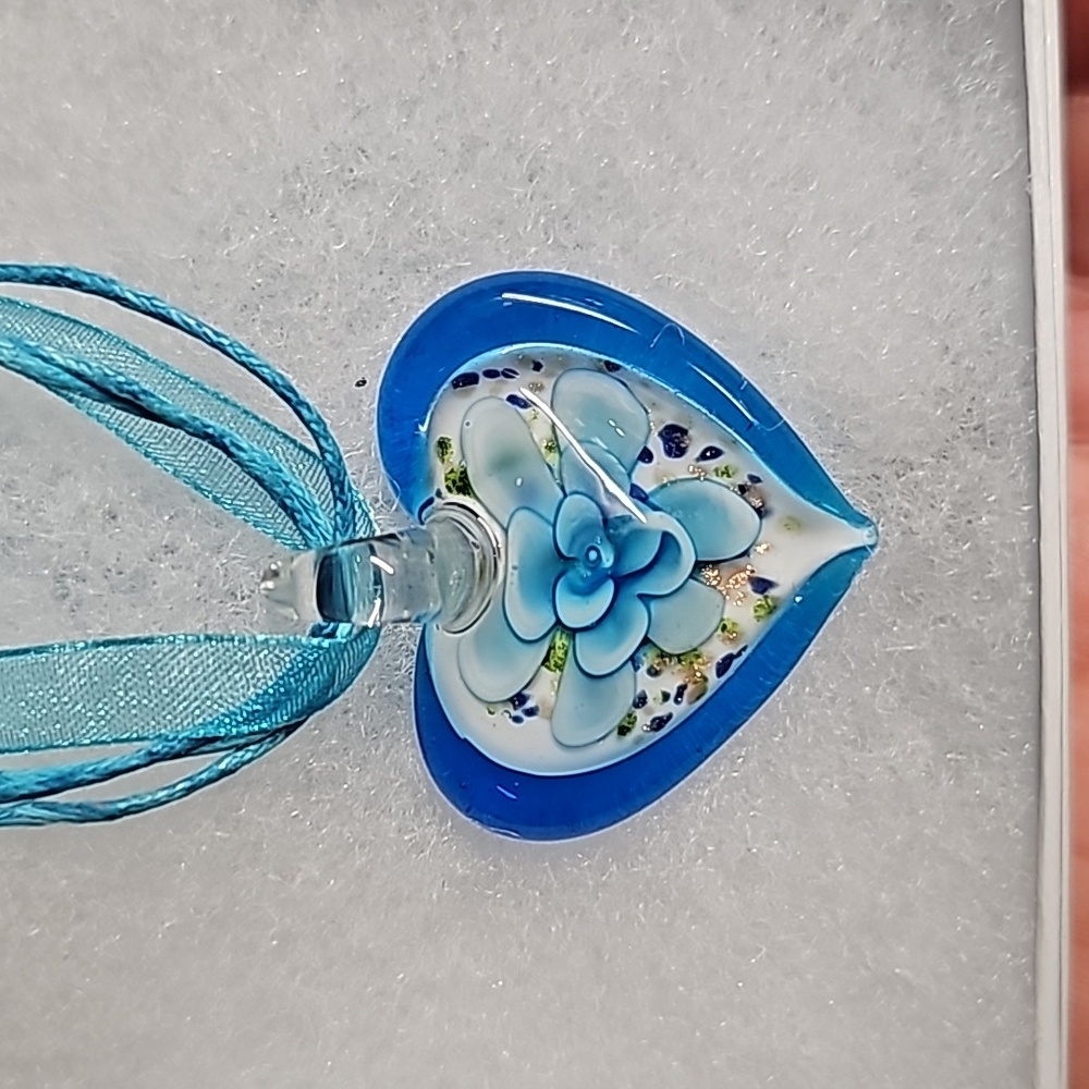 Murano Blue & White Heart Shape Glass Pendent with Flower Design New